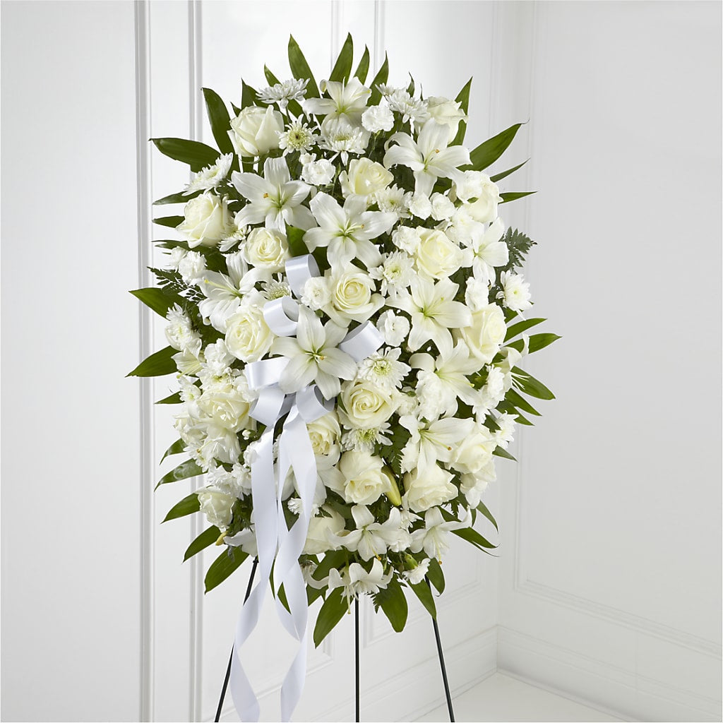 Exquisite Tribute Standing Spray-White Ribbon – Newell Flower Shop Ltd., Kamloops BC