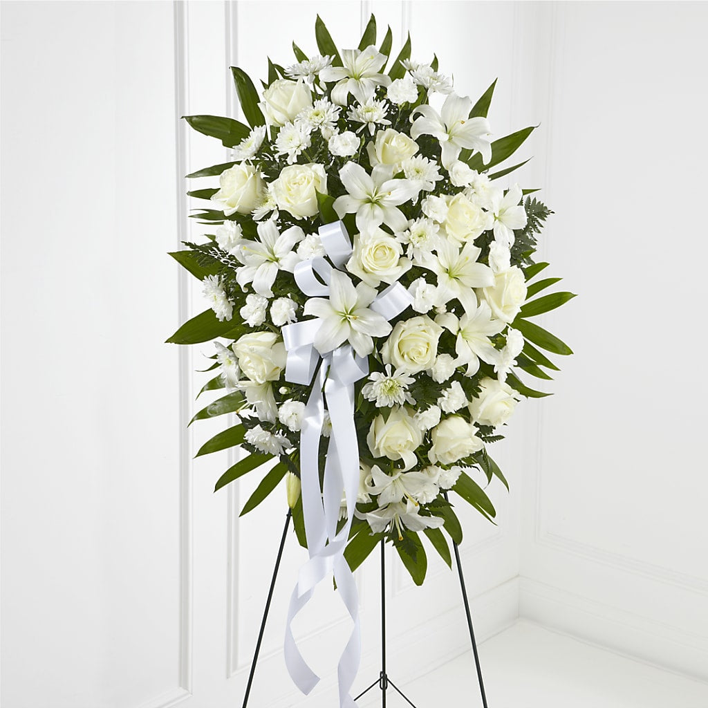 Exquisite Tribute Standing Spray-White Ribbon – Newell Flower Shop Ltd., Kamloops BC